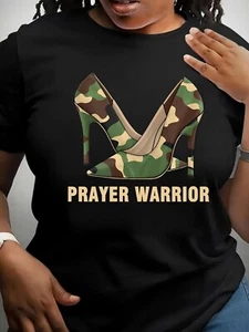 Camo Heels Prayer Warrior God Jesus Christian Faith Women T-Shirt L - Picture 1 of 4
