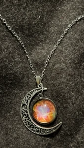 Galaxy Moon Universe Glass Orange Pink Pendant Silver Chain Necklace - Picture 1 of 6