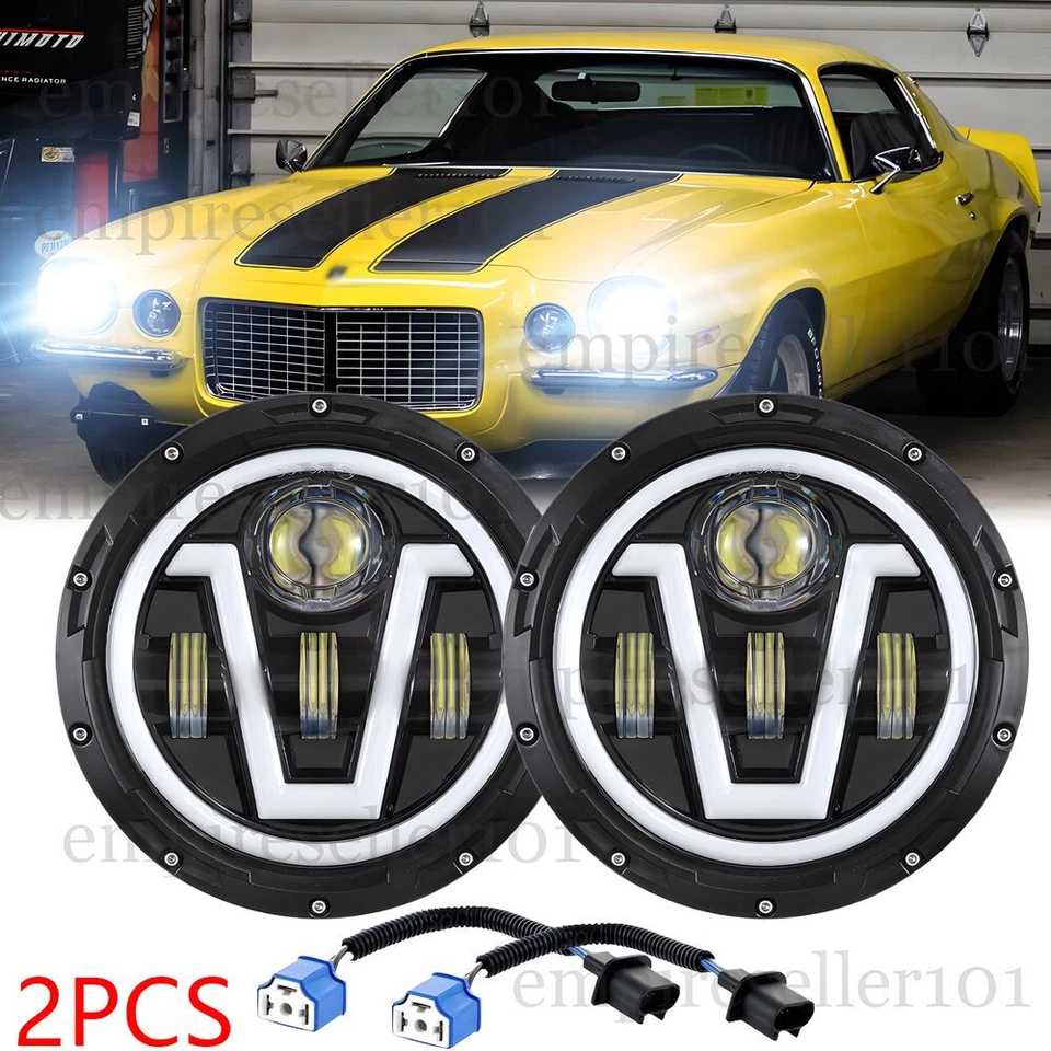 Par de faros LED redondos de 7" haz alto/bajo para Chevy Camaro 1967-1981 C10 1975-1980 Foto 1 de 4