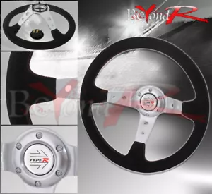 350mm Deep Dish Suede Black Leather Red Stitch Steering Wheel Horn Button - Picture 1 of 1