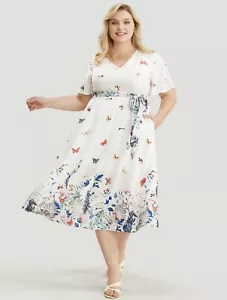 BloomChic Floral & Butterfly Print Contrast Lace Belted Ruffle Dress Size 28 - Picture 1 of 16
