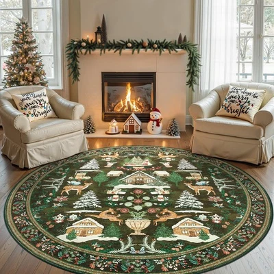 Round Christmas Rug for Dining Room 7ft Green Circle Holiday for Living Room ... - Image 1 of 4