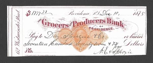 U.S. 1875 BANK CHECK, GROCERS AND PRODUCERS BANK, PROVIDENCE, RI, REVENUE RN-D1 - Picture 1 of 2