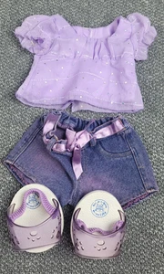 Build A Bear lila 3-teiliges Outfit Frühling Glitzer Shirt Denim Hose Sandalen - Bild 1 von 7