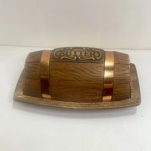 VTG MADE IN USA Wood Whiskey Barrel Look Ceramic Covered Butter Dish - Picture 1 of 6