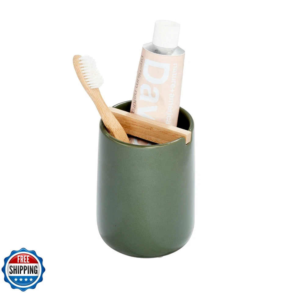 Soporte para cepillo de dientes iDesign Ceramic Earth Collection con división de madera de paulownia Foto 1 de 4