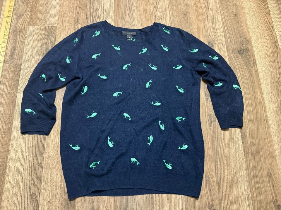 J. Suéter Crew, Para Mujer Talla XS, Azul Verde, Cuello Redondo, Bordado Lino Ballena Foto 1 de 4