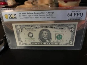 1993 $5 Five Dollars FRN Chicago, Star Note, PCGS 64 PPQ Fr. 1983-G* G 00057105* - Picture 1 of 3