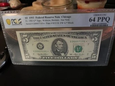 1993 $5 Five Dollars FRN Chicago, Star Note, PCGS 64 PPQ Fr. 1983-G* G 00057105* - Image 1 of 3