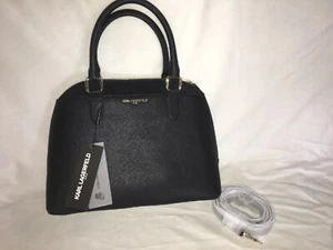 Karl Lagerfeld PARIS Dome Black Leather Satchel BAG NEW - Picture 1 of 9