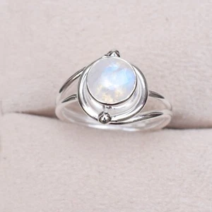 Natural Moonstone Ring 925 Sterling Silver Rainbow Moonsotne Ring-HR072 - Picture 1 of 3