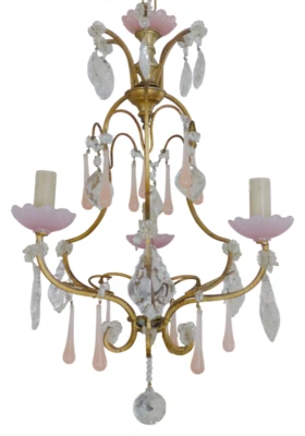 Antique Chandelier Peachy PINK Opaline Drops Cup Beads MURANO RARE 3 lights 1930 - Image 1 of 4