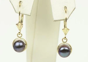 14k Yellow Gold Black Natural Pearl Dangle Earrings - Picture 1 of 20