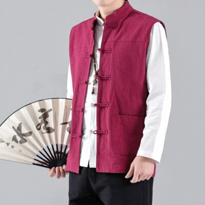 Men Linen Cotton Kung Fu Shirt Sleeveless Wing Chun Waistcoat Frog Button - Image 1 of 4