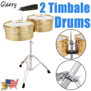 Glarry 13 Zoll * 14 Zoll Timbales Schlagzeug mit Schlagzeugständer Anfänger Konzert Golden Neu - Bild 1 von 21