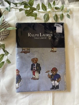 RARE Ralph Lauren USA Blue Striped Polo Bear Tablecloth Oblong 60 X 84” NEW - Image 1 of 4