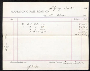 Recibo de ferrocarril Housatonic/Isaac Burr 1879 para reparación de puentes y carbón - Imagen 1 de 2