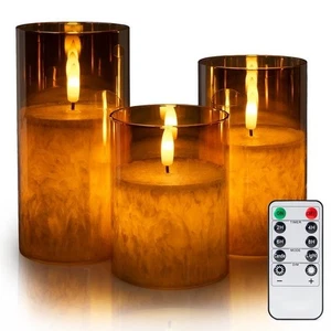 LED Mirrored Glass Candles Set of 3 with 3D Wick Frosted Glow Remote and Timer - Picture 1 of 11