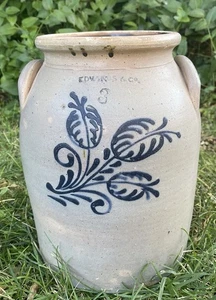 Antiker EDMANDS & Co 3 Gallonen primitive Salzglasur Steinzeug Topf blaue Blume - Bild 1 von 24