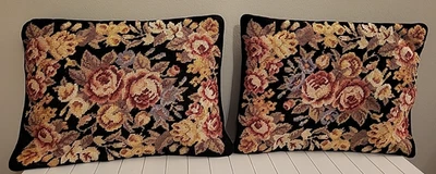 Pair of VTG Floral Needlepoint Embroidery Velvet Throw Pillows 12"x16" Cottage - Image 1 of 4