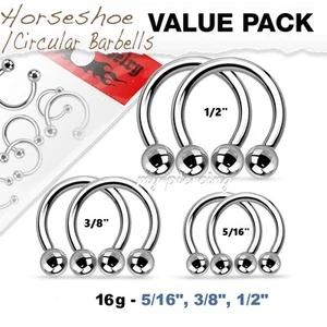  3 PAIR Value Pack 16G Steel Horseshoe Circular Barbell Ear Nipple Septum Labret - Picture 1 of 2