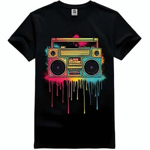 Colorful Splattered Boombox Graphic Black T-Shirt for Retro Music Lovers - Picture 1 of 5