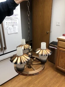 Vintage 3 Light Wagon Wheel Hanging Chandelier Lamp Light Fixture 15” Copper - Picture 1 of 16