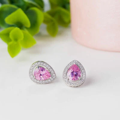 New White Gold Filled Pink Pear Shape Teardrop & Crystal CZ Stud Post Earrings - Image 1 of 4