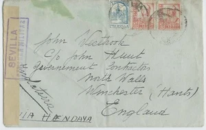 Cover to England with Violet Sevilla Censura Militar and 5c Pro Sevilla Stamp - Picture 1 of 2