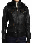 Women's Genuine Lambskin Leather Hooded Bomber Jacket Detachable Hoodie Black