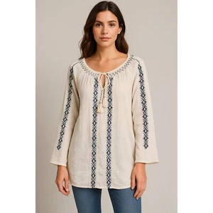 Top jeans americano vintage donna XL tunica nappa cravatta ricamato boho contadino - Foto 1 di 14