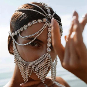 Women Veil Chain Mask Fashion Headwear Rhinestone Tassel Jewelry Dance Mask NEW - Picture 1 of 7
