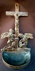 Vint Large Italian Holy Water Wall Font Pocket Catholic Crucifix Angels Cherub - Picture 1 of 7