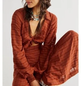 Free People Wide Leg Jumpsuit size L cut out Tie Front Brown martha - Picture 1 of 12
