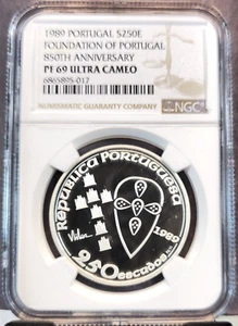 1989 PORTUGAL SILVER 250 ESCUDOS FOUNDATION OF PORTUGAL NGC PF 69 ULTRA CAMEO - Picture 1 of 3