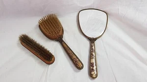 Vintage Brass Flower Embroidered Hand Mirror, Hair Brush, Small Brush - Picture 1 of 12