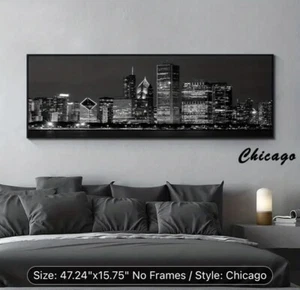 Chicago Skyline Canvas Wall Art - Black and White Night Buildings Cityscape Canv - Picture 1 of 1