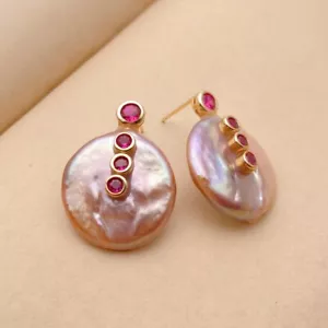Pearl Stud Earrings Purple Coin Pearl Fuchsia Cz Stud High Quality Jewelry - Picture 1 of 7