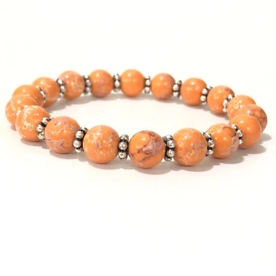 Natural Orange Copper Turquoise Gemstone Round Bead Chakra Stretch Bracelet 7.5" - Image 1 of 4