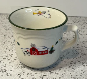 Pfaltzgraff Snow Village Christmas Holiday Flat Mug, Red Barn, Farm, Cow, Angel - Picture 1 of 4
