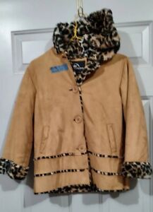 ZLC GIRLS Sz 7/8 hooded coat Fall spring jacket tan Soft fuzzy leopard Lining