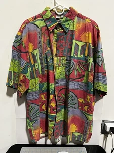 THE TERRITORY AHEAD Men's Casual Cotton Art Deco SS Shirt Red Green Psychedelic - Picture 1 of 11