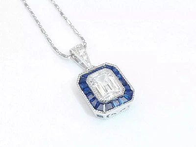 Colgante estilo Art Deco de diamantes y zafiros creados en laboratorio de 3 quilates enchapado en oro blanco de 14 k Foto 1 de 4