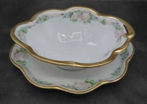 J & C Louise Limoges Pink Rose Floral & Gold Mayonnaise Dish & Underplate - Picture 1 of 6