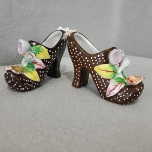 2 Porcelain High Heel Figurine Polka Dots Flowers Japan Planter Mini Vintage - Picture 1 of 10