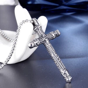 Mens Stainless Steel Gothic Biker Skull Cross Pendant Necklace For Men - Picture 1 of 9