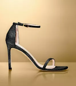 Stuart Weitzman Amelina 95 Nudist Sandal Heels Womens 9.5 Sparkle Black Glitter - Picture 1 of 12