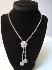 ART DECO Faux Moonstone & Clear Rhinestone Lariat Necklace - 20" with Two Drops