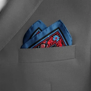 Genuine Silk Red, Blue & Black Floral Pocket Square - 4+ Looks in one! 100% Silk - Picture 1 of 5