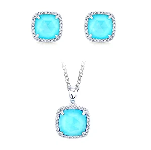 .925 Sterling Silver Turquoise & 0.18 CT. T.W. Diamond Earrings & Necklace - Picture 1 of 5